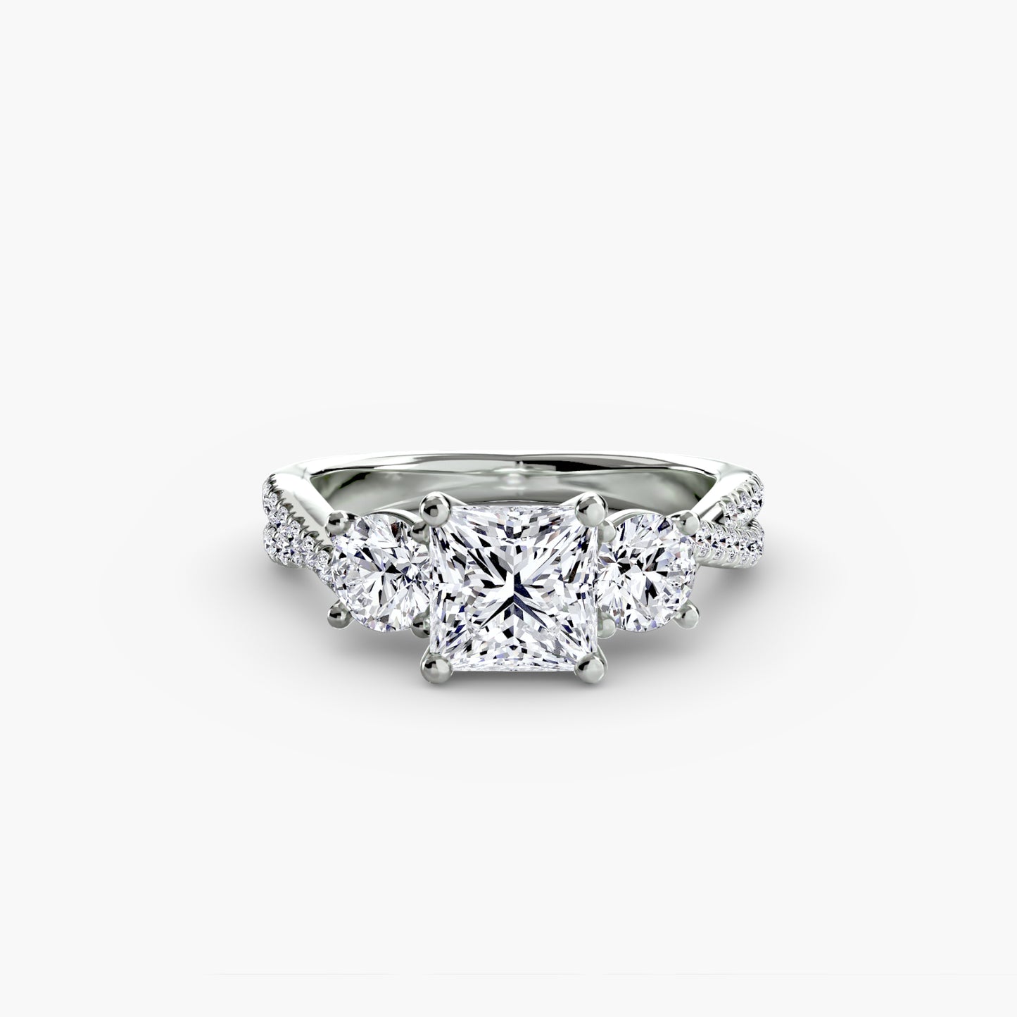 Pierścionek zaręczynowy Three-Stone with Pavé Band 2 – trzy kamienie i bogata obrączka pavé 2,3 mm